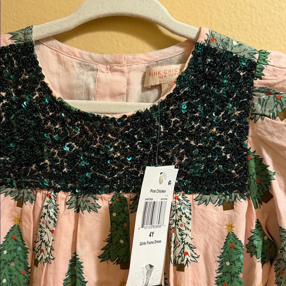 Pink Chicken Green and White Tree Print Dress - Picture 5 of 5